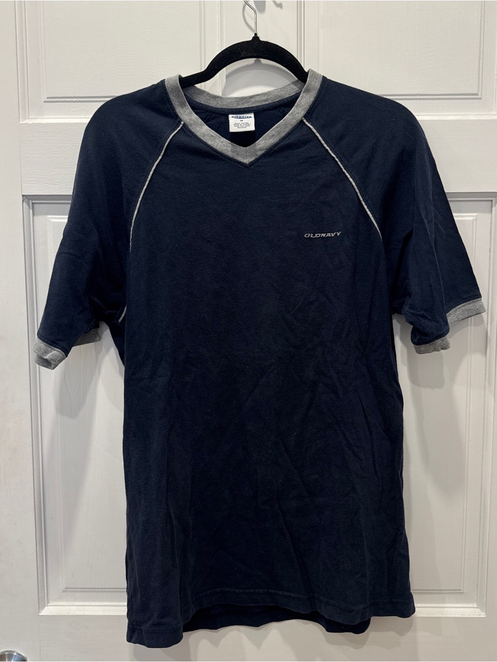 Old Navy Y2K Ringer V Neck T Shirt Navy Gray 100% Cotton Sporty Vintage M